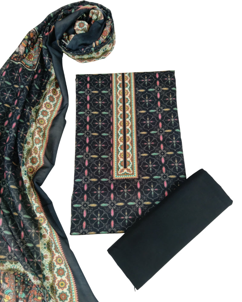 Designer Printed Cotton Unstitched Suit Set - Black II