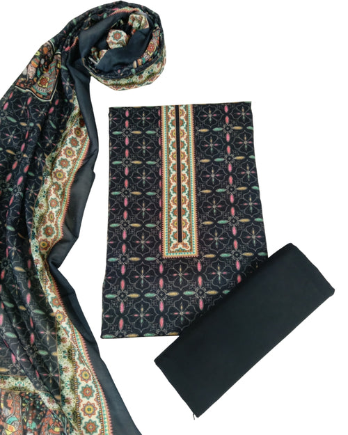 Designer Printed Cotton Unstitched Suit Set - Black II