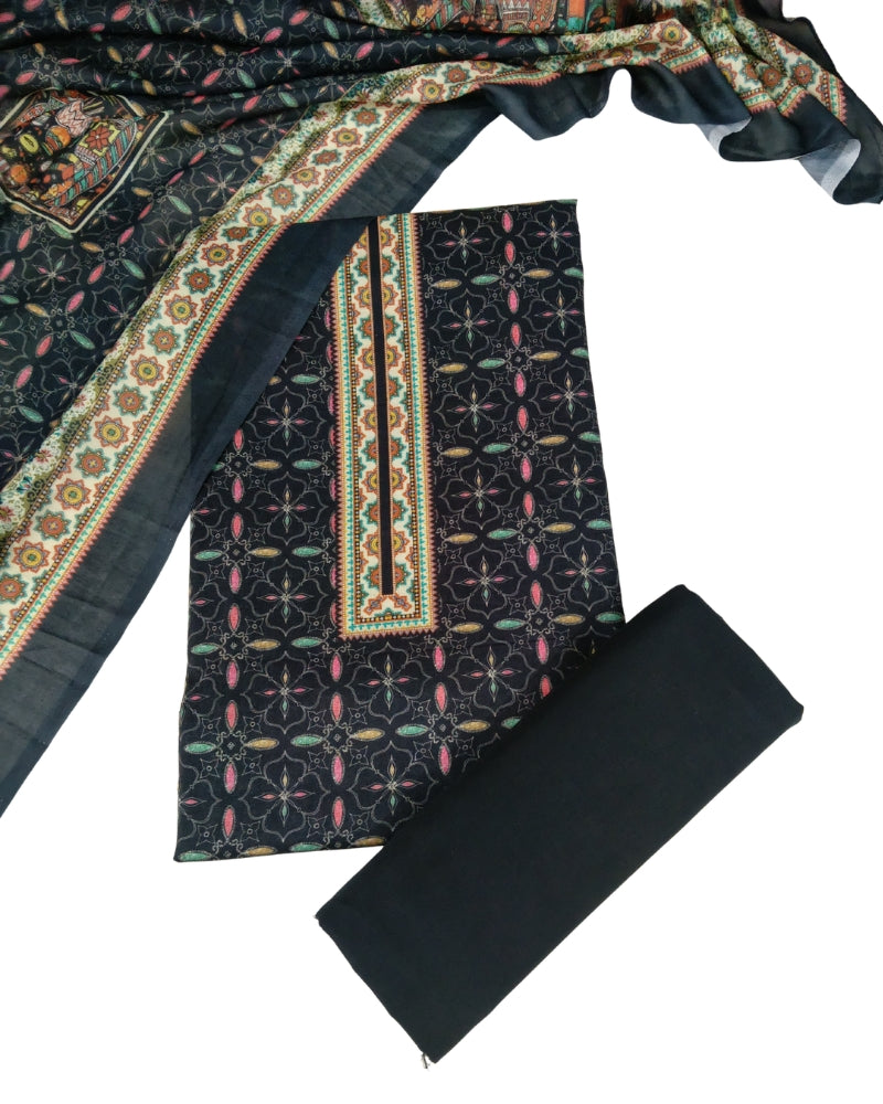 Designer Printed Cotton Unstitched Suit Set - Black II