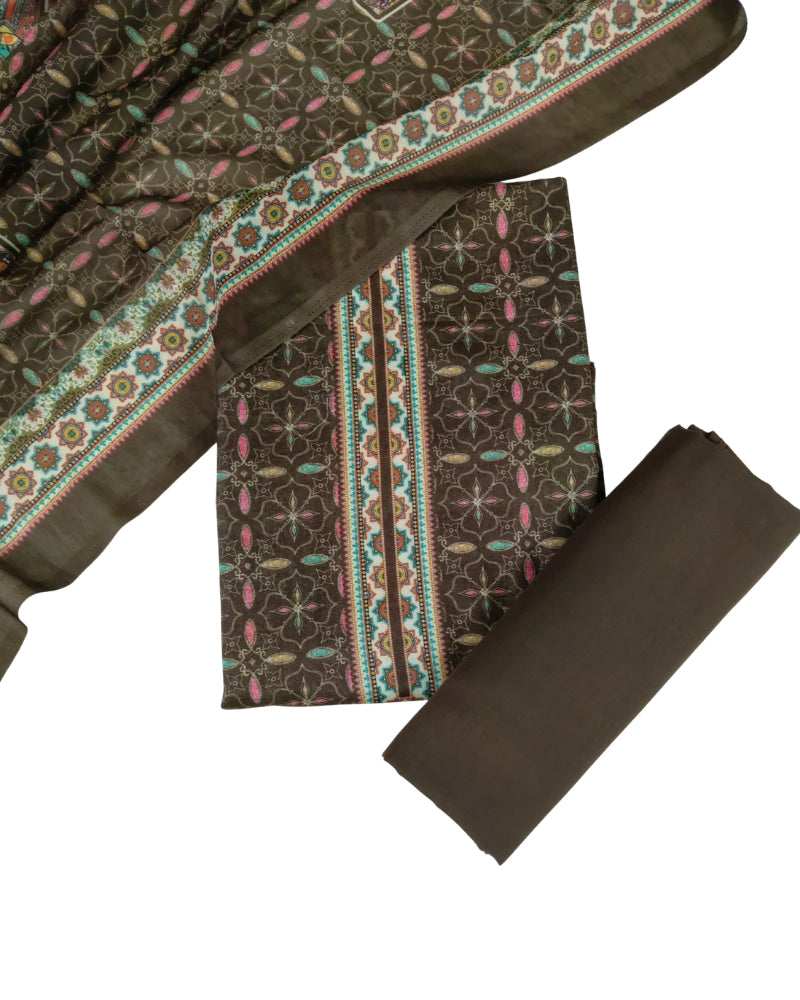 Designer Printed Cotton Unstitched Suit Set - Brown II