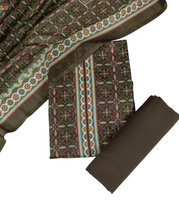 Designer Printed Cotton Unstitched Suit Set - Brown II