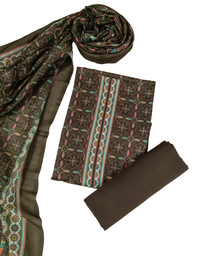 Designer Printed Cotton Unstitched Suit Set - Brown II
