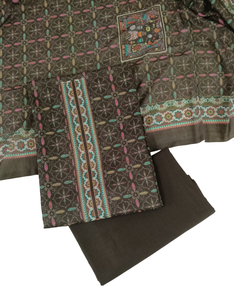 Designer Printed Cotton Unstitched Suit Set - Brown II