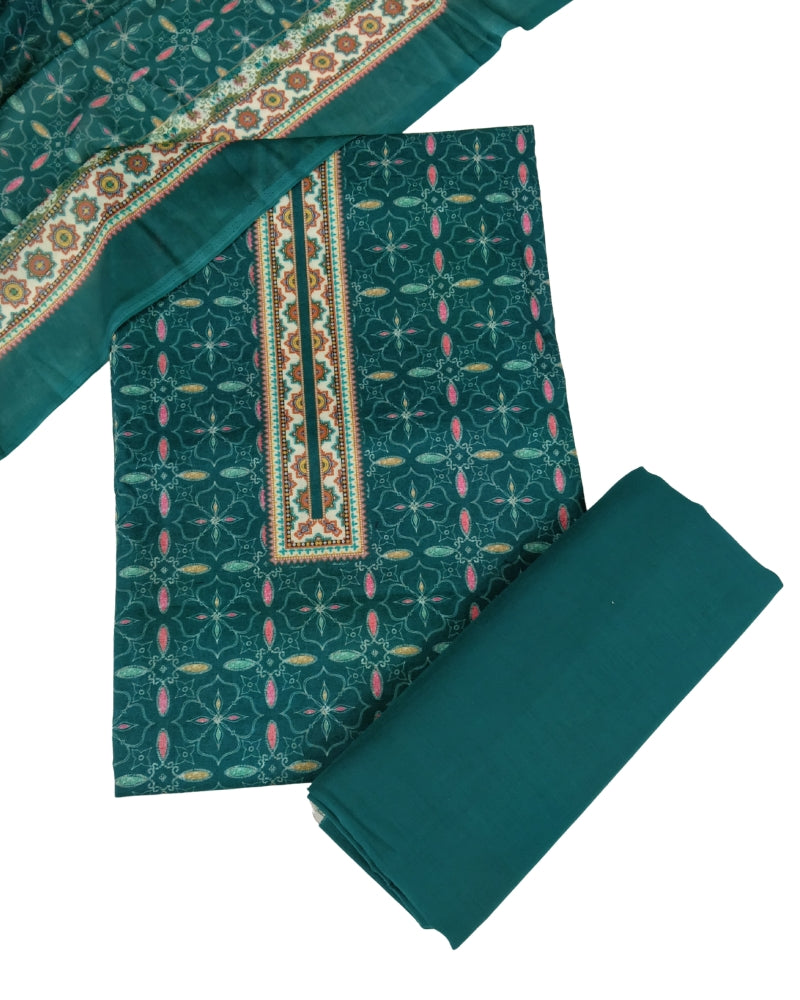 Designer Printed Cotton Unstitched Suit Set - Green II
