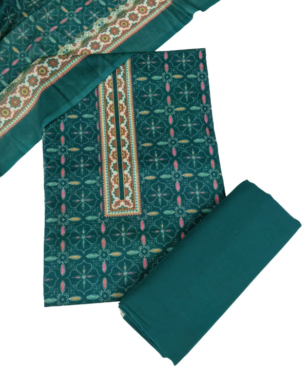 Designer Printed Cotton Unstitched Suit Set - Green II