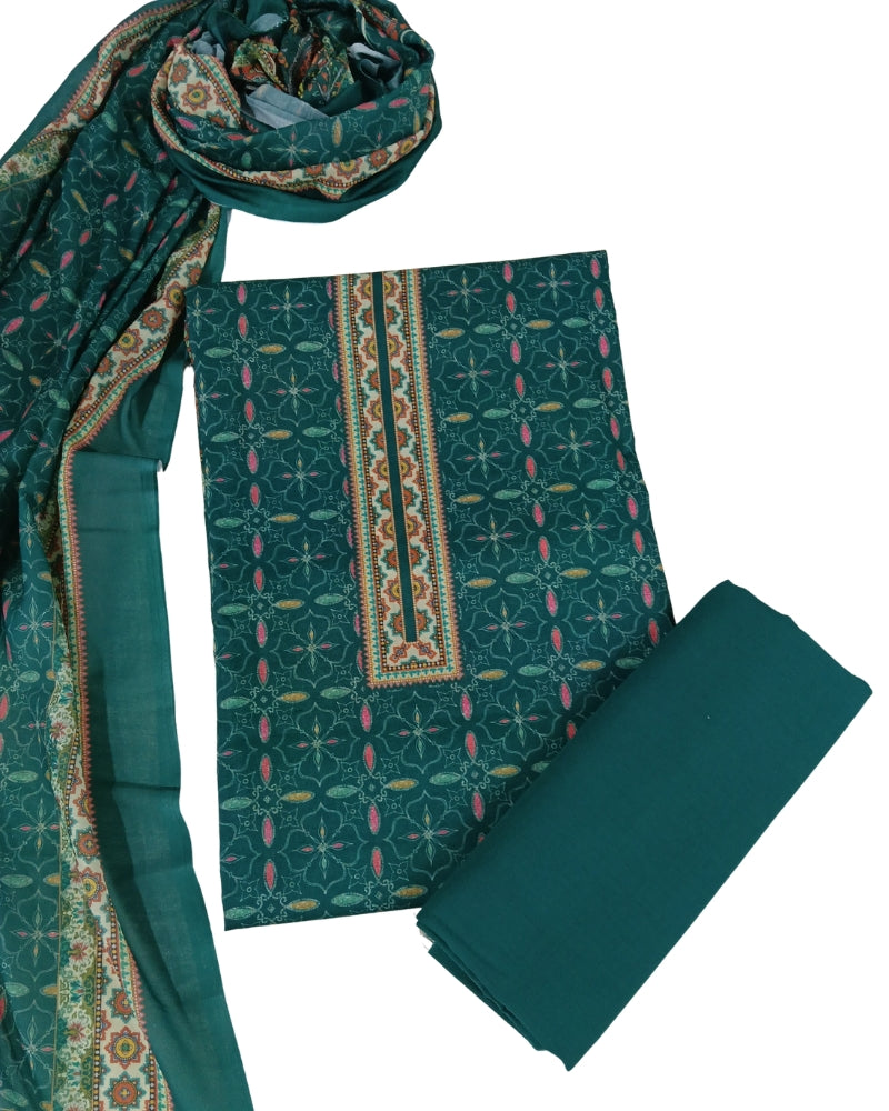 Designer Printed Cotton Unstitched Suit Set - Green II