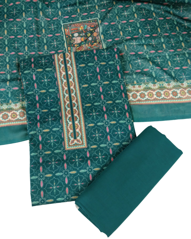Designer Printed Cotton Unstitched Suit Set - Green II