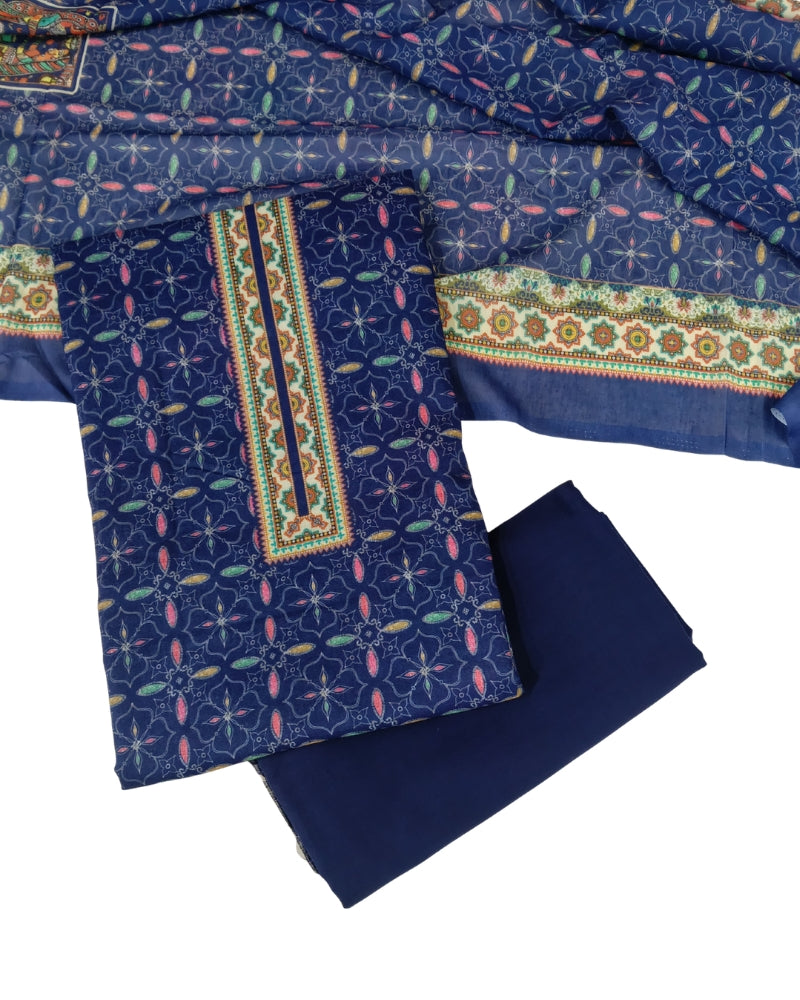 Designer Printed Cotton Unstitched Suit Set - Navy II