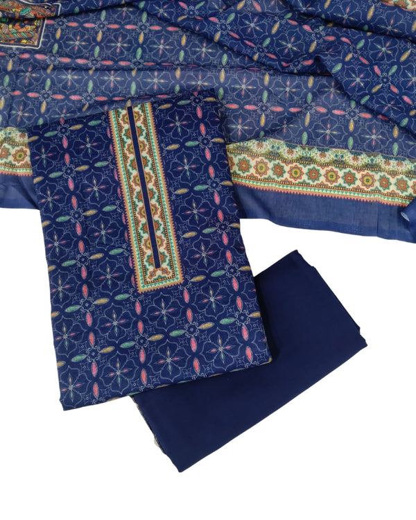 Designer Printed Cotton Unstitched Suit Set - Navy II