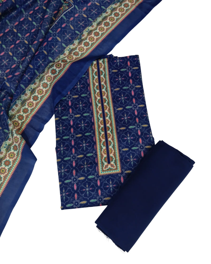 Designer Printed Cotton Unstitched Suit Set - Navy II