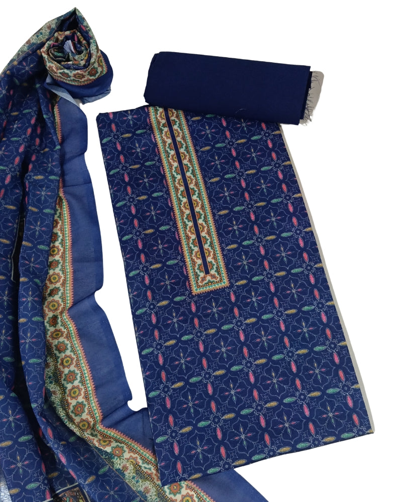 Designer Printed Cotton Unstitched Suit Set - Navy II