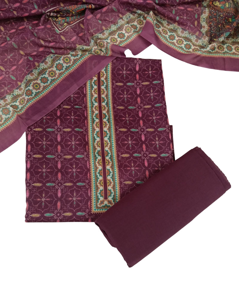 Designer Printed Cotton Unstitched Suit Set - Wine II