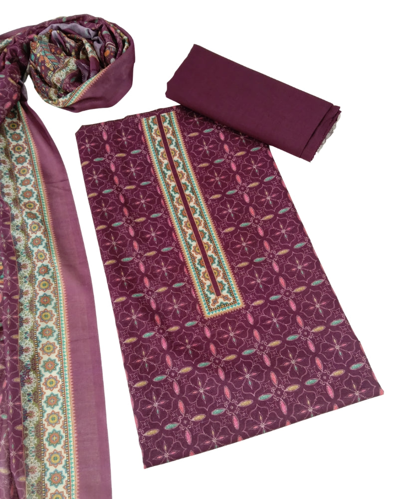 Designer Printed Cotton Unstitched Suit Set - Wine II