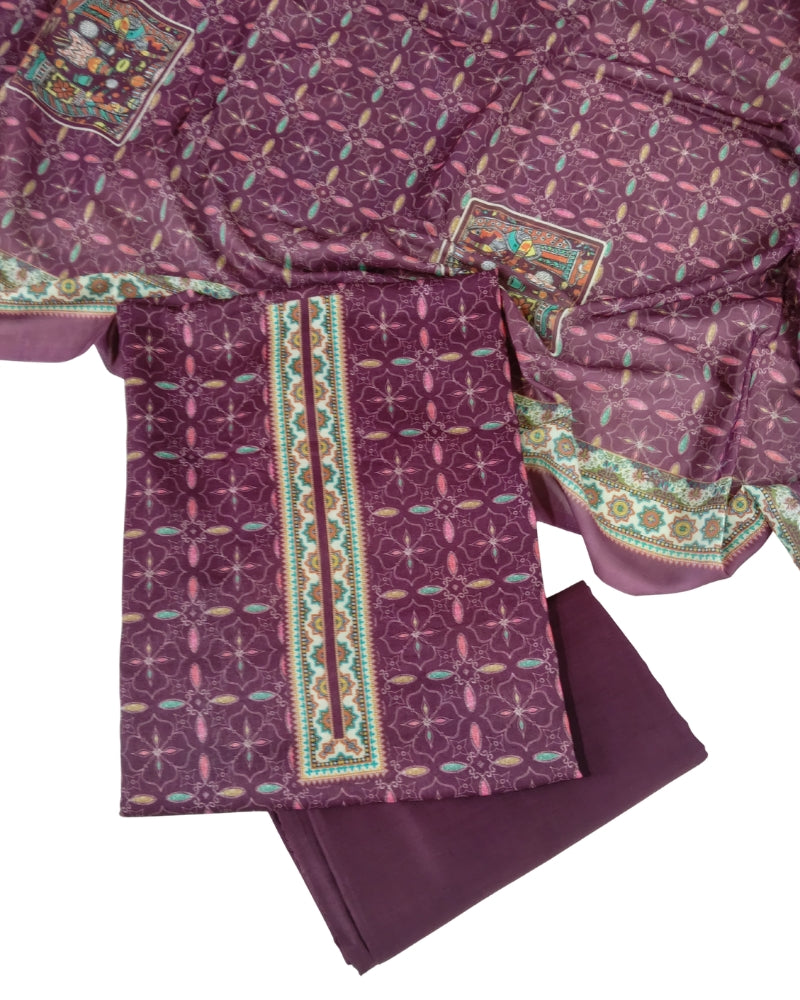Designer Printed Cotton Unstitched Suit Set - Wine II