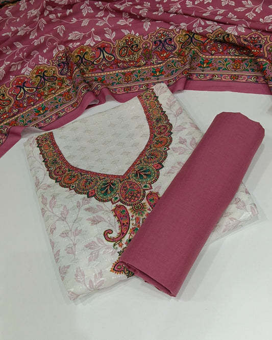 Cotton Printed Chikankari Unstitched Suit Set - Mauve
