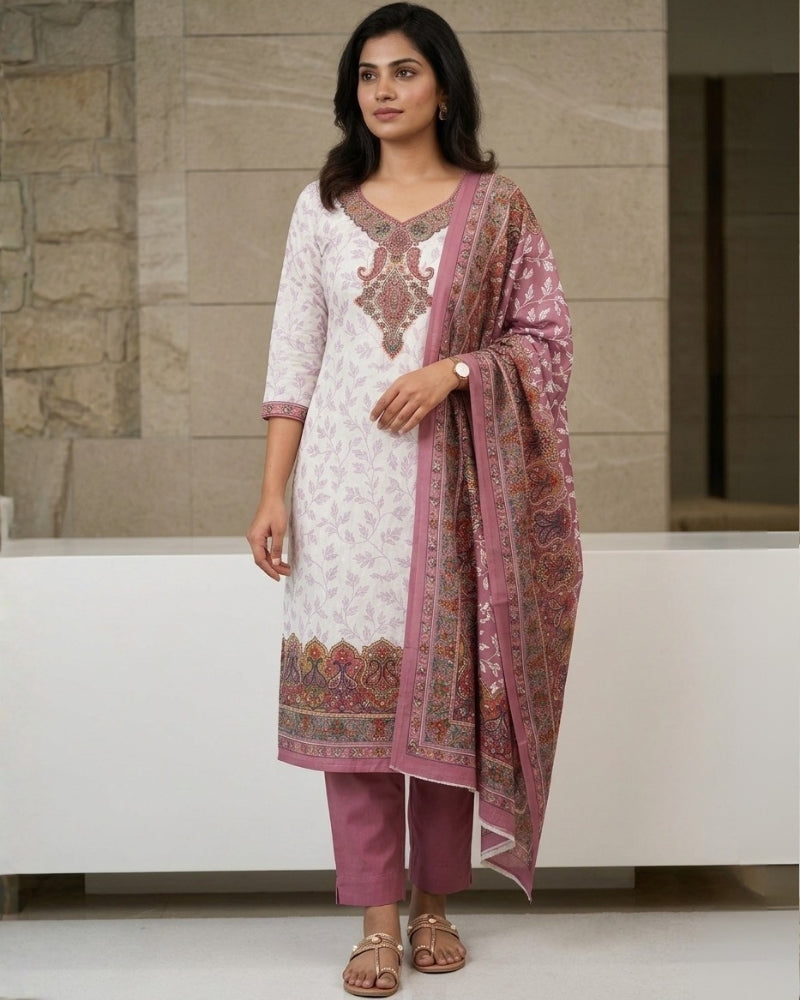 Cotton Printed Chikankari Unstitched Suit Set - Mauve