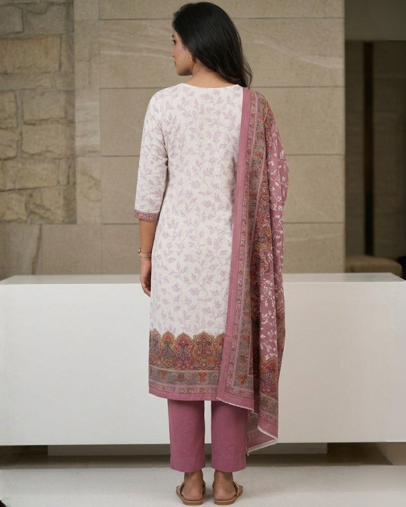 Cotton Printed Chikankari Unstitched Suit Set - Mauve