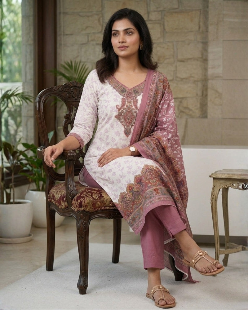 Cotton Printed Chikankari Unstitched Suit Set - Mauve