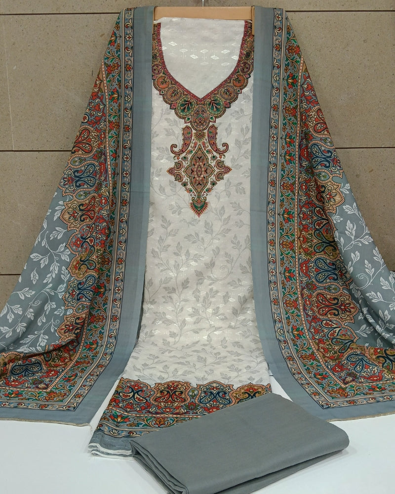 Cotton Printed Chikankari Unstitched Suit Set - Grey