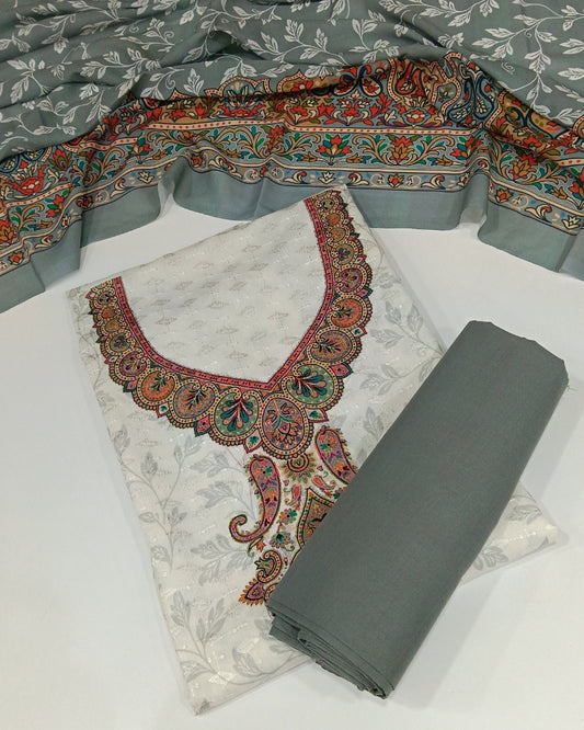 Cotton Printed Chikankari Unstitched Suit Set - Grey