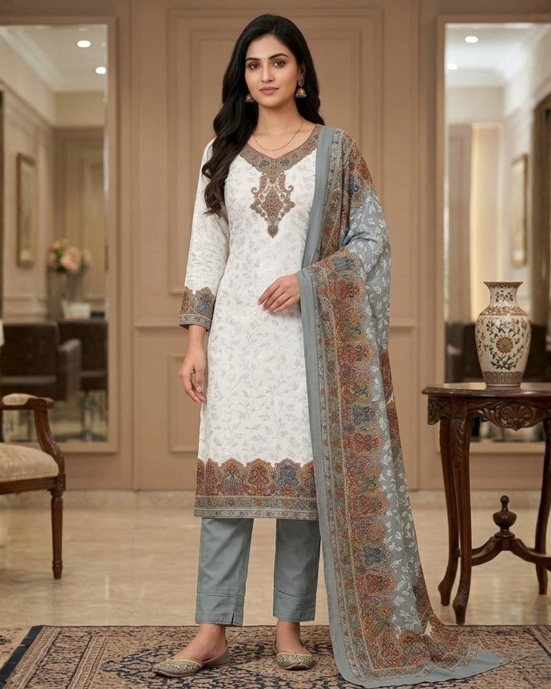 Cotton Printed Chikankari Unstitched Suit Set - Grey