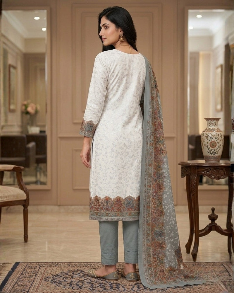Cotton Printed Chikankari Unstitched Suit Set - Grey