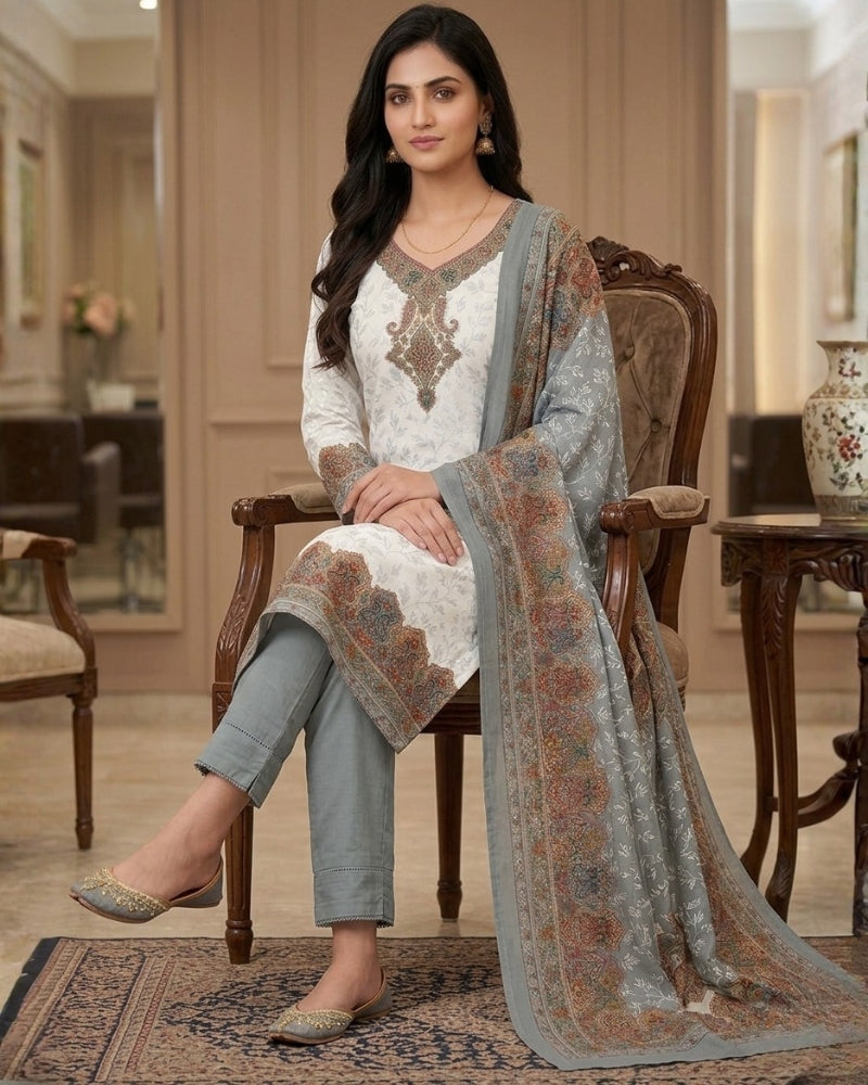 Cotton Printed Chikankari Unstitched Suit Set - Grey