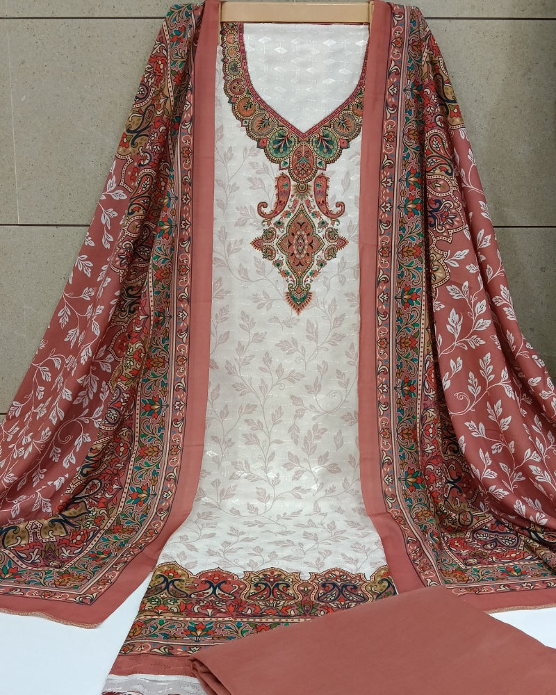 Cotton Printed Chikankari Unstitched Suit Set - Dusty Rose