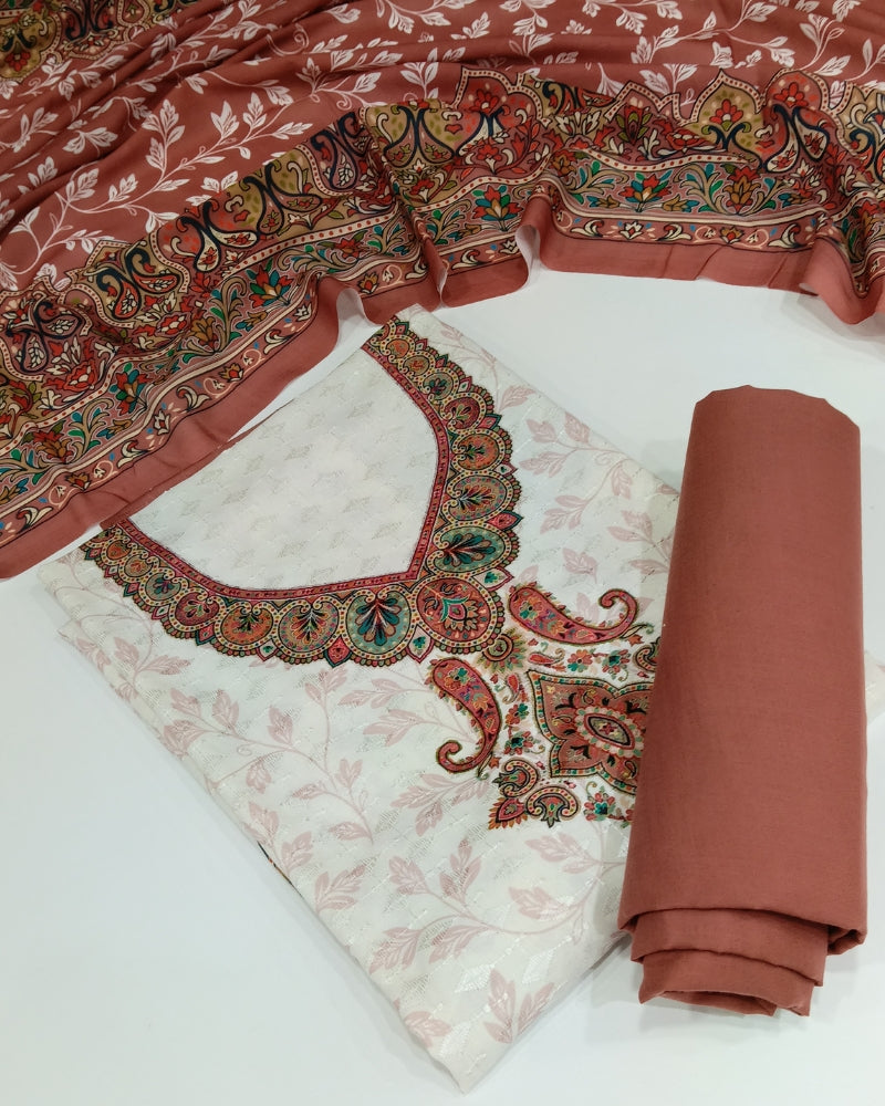 Cotton Printed Chikankari Unstitched Suit Set - Dusty Rose