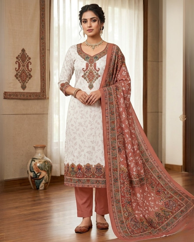 Cotton Printed Chikankari Unstitched Suit Set - Dusty Rose