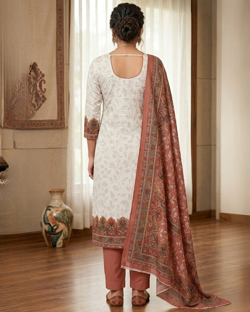 Cotton Printed Chikankari Unstitched Suit Set - Dusty Rose