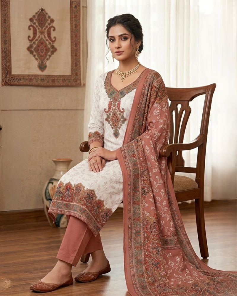 Cotton Printed Chikankari Unstitched Suit Set - Dusty Rose