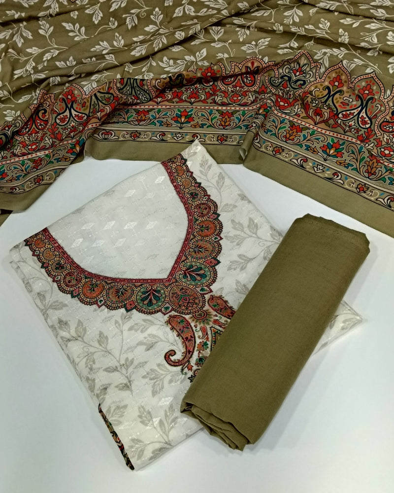 Cotton Printed Unstitched Suit Set - Olive Green