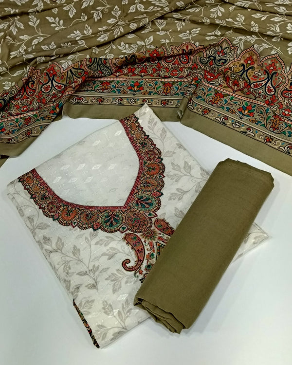 Cotton Printed Unstitched Suit Set - Olive Green