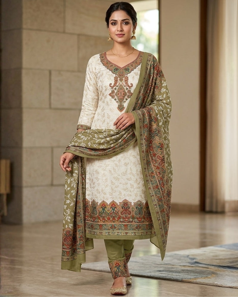 Cotton Printed Unstitched Suit Set - Olive Green