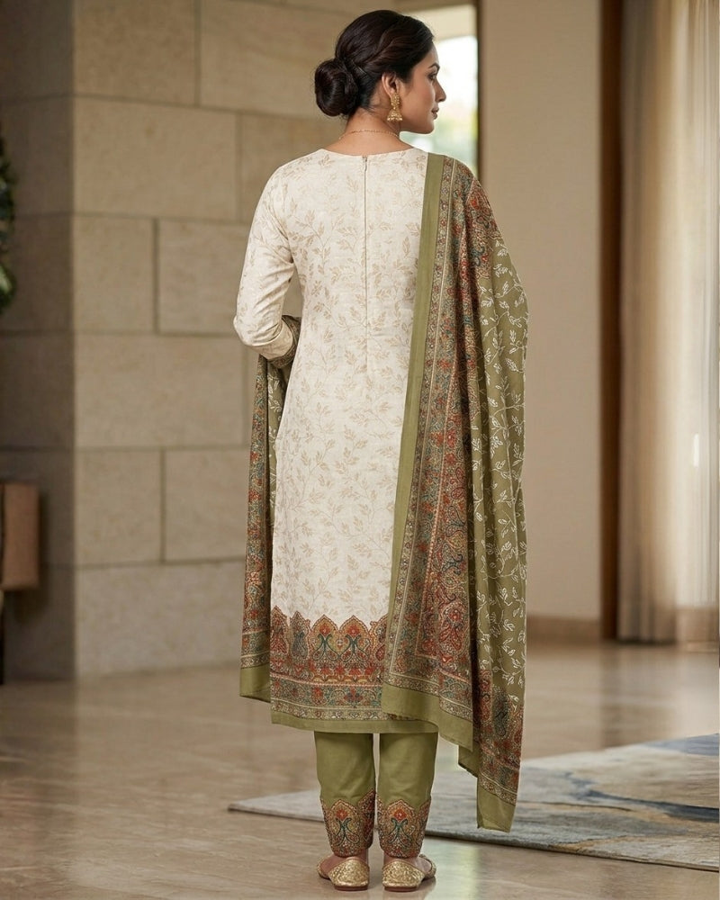 Cotton Printed Unstitched Suit Set - Olive Green
