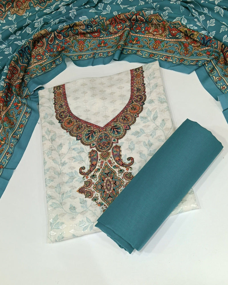 Cotton Printed Unstitched Suit Set - Sea Green
