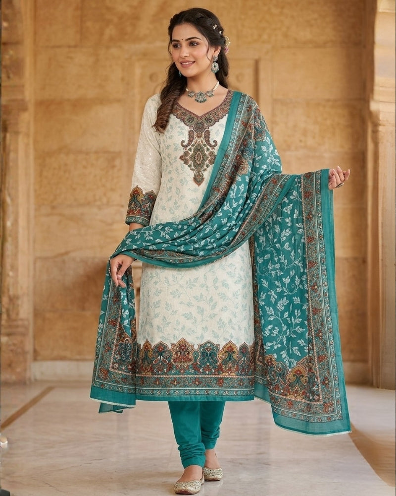 Cotton Printed Unstitched Suit Set - Sea Green