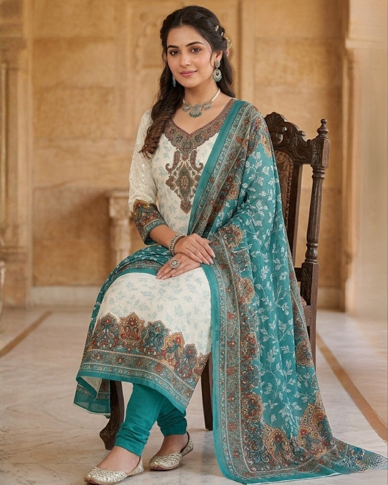 Cotton Printed Unstitched Suit Set - Sea Green