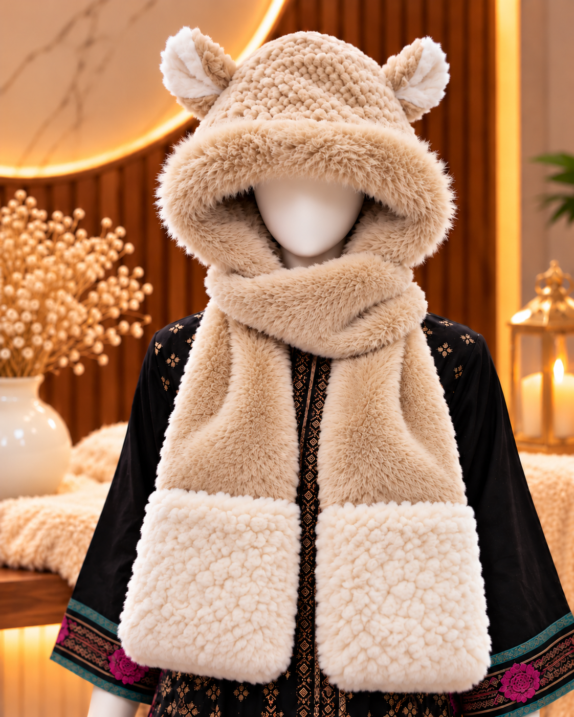 Faux Fur Teddy Bear Hooded Cap with Neck Warmer - Beige II