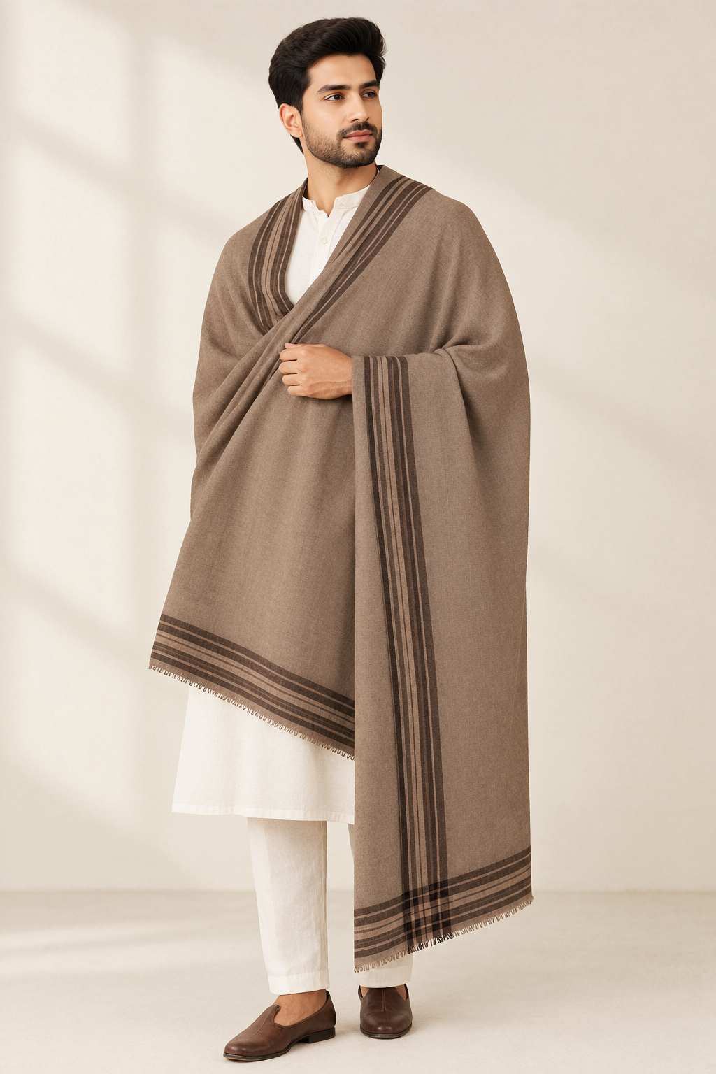 Traditional Striped Winter Lohi For Men -  Light Brown