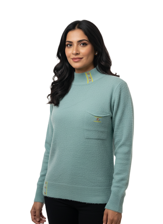 KRITI Winter Hair Wool Mock Neck Top Ferozi Colour For Women