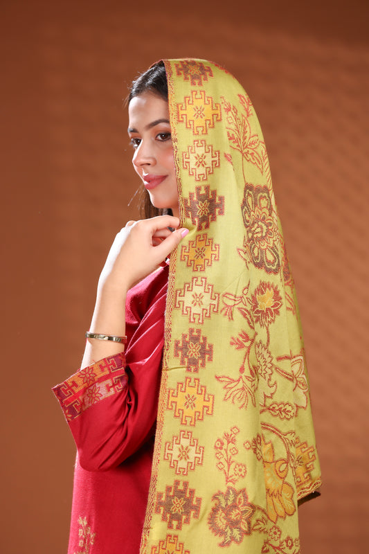 KRITI Woolen Unstitched Winter Suit with Olive and Red Floral Color For Women