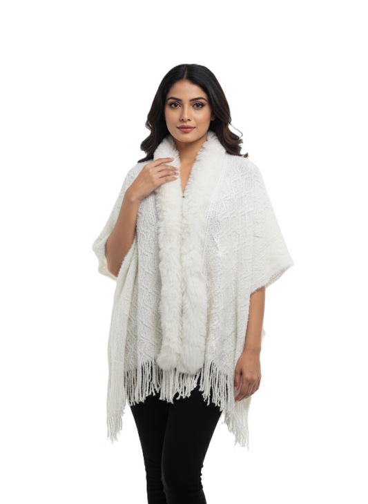 महिलाओं के लिए प्रीमियम फॉक्स फर ट्रिम ऊन रैप | सुरुचिपूर्ण ओवरसाइज़्ड विंटर पोंचो | आदर्श उपहार