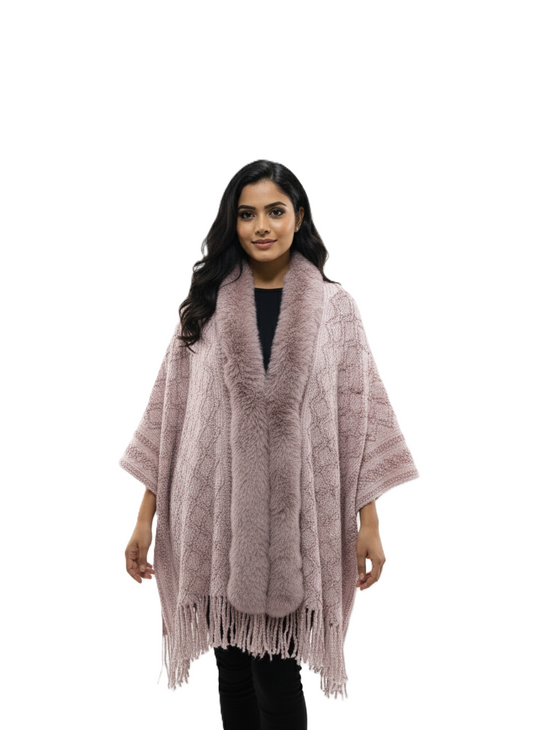 महिलाओं के लिए प्रीमियम फॉक्स फर ट्रिम ऊन रैप | सुरुचिपूर्ण ओवरसाइज़्ड विंटर पोंचो | आदर्श उपहार