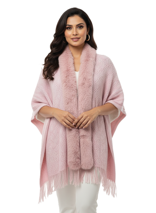 महिलाओं के लिए प्रीमियम फॉक्स फर ट्रिम ऊन रैप | सुरुचिपूर्ण ओवरसाइज़्ड विंटर पोंचो | आदर्श उपहार