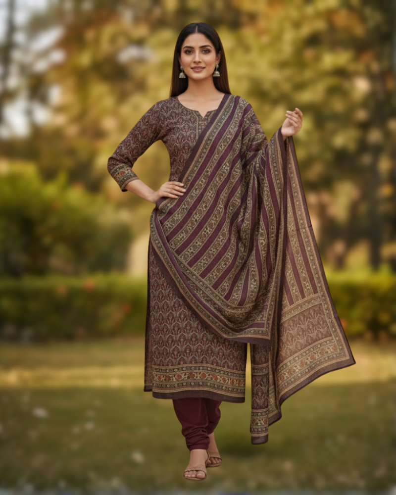 महिलाओं के लिए कृति विंटर वूलन अनस्टिच्ड सूट वाइन कलर