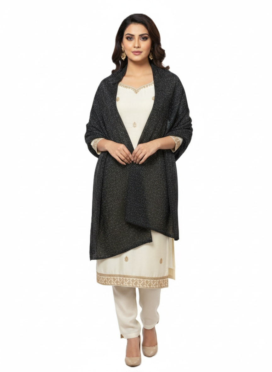 महिलाओं के लिए कृति ऊनी काले रंग का ज़री स्टोल विंटरवियर 