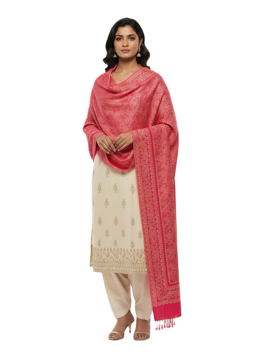 KRITI Floral Design Warm Woolen Pink Color Shawl for Women