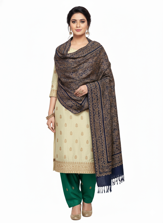 KRITI Floral Design Warm Woolen Navy Color Shawl for Women